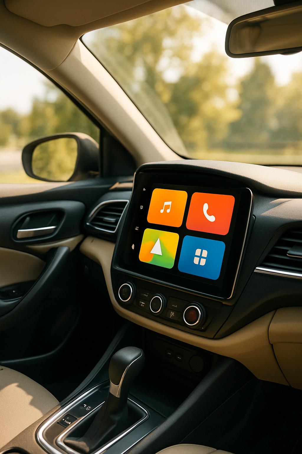 A car's in-vehicle infotainment system displaying a grid of four application icons in the center console against a blurred...